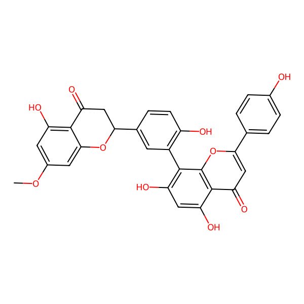 2D Structure of 5,7-dihydroxy-8-[2-hydroxy-5-[(2S)-5-hydroxy-7-methoxy-4-oxo-2,3-dihydrochromen-2-yl]phenyl]-2-(4-hydroxyphenyl)chromen-4-one