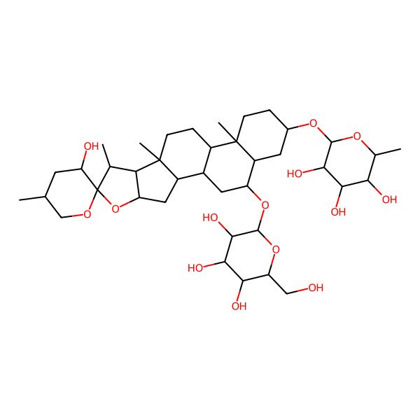 2D Structure of (2R,3R,4S,5R,6R)-2-[(1R,2S,3'S,4S,5'R,6S,7S,8R,9S,12S,13R,16S,18S,19S)-3'-hydroxy-5',7,9,13-tetramethyl-19-[(2R,3R,4S,5S,6R)-3,4,5-trihydroxy-6-(hydroxymethyl)oxan-2-yl]oxyspiro[5-oxapentacyclo[10.8.0.02,9.04,8.013,18]icosane-6,2'-oxane]-16-yl]oxy-6-methyloxane-3,4,5-triol