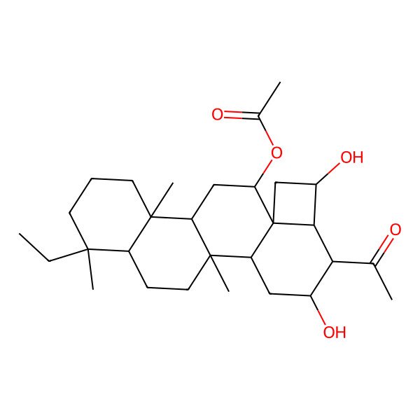 2D Structure of (5-Acetyl-17-ethyl-4,7-dihydroxy-1,13,17-trimethyl-10-pentacyclo[10.8.0.02,9.06,9.013,18]icosanyl) acetate