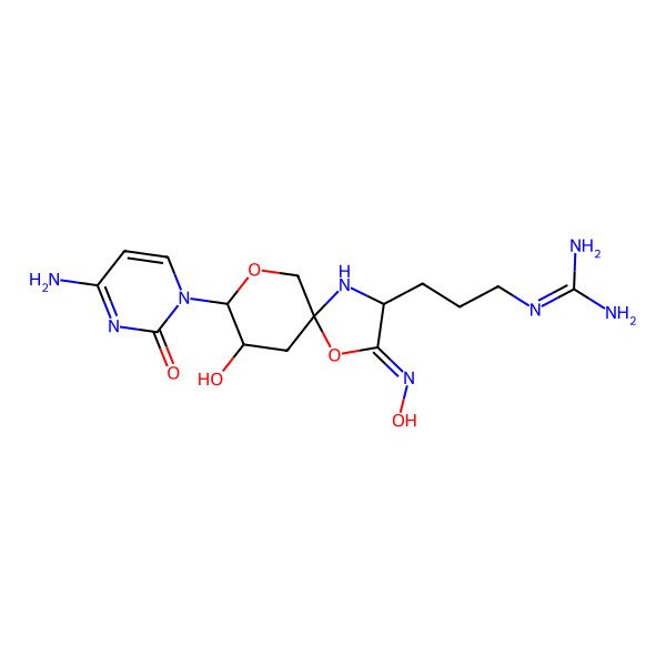 2D Structure of 2-[3-[(3S,5R,7R,8R)-8-(4-amino-2-oxopyrimidin-1-yl)-7-hydroxy-2-hydroxyimino-1,9-dioxa-4-azaspiro[4.5]decan-3-yl]propyl]guanidine