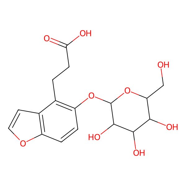 2D Structure of 3-[5-[(2S,3R,4S,5S,6R)-3,4,5-trihydroxy-6-(hydroxymethyl)oxan-2-yl]oxy-1-benzofuran-4-yl]propanoic acid