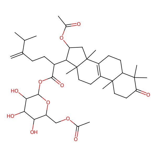 2D Structure of [(3R,4S,5S,6R)-6-(acetyloxymethyl)-3,4,5-trihydroxyoxan-2-yl] (2R)-2-[(5R,10S,13R,14R,16R,17R)-16-acetyloxy-4,4,10,13,14-pentamethyl-3-oxo-1,2,5,6,7,11,12,15,16,17-decahydrocyclopenta[a]phenanthren-17-yl]-6-methyl-5-methylideneheptanoate