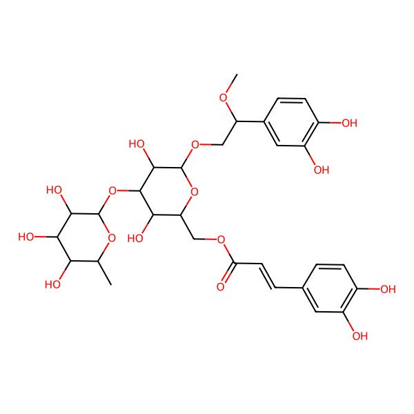 2D Structure of [6-[2-(3,4-Dihydroxyphenyl)-2-methoxyethoxy]-3,5-dihydroxy-4-(3,4,5-trihydroxy-6-methyloxan-2-yl)oxyoxan-2-yl]methyl 3-(3,4-dihydroxyphenyl)prop-2-enoate