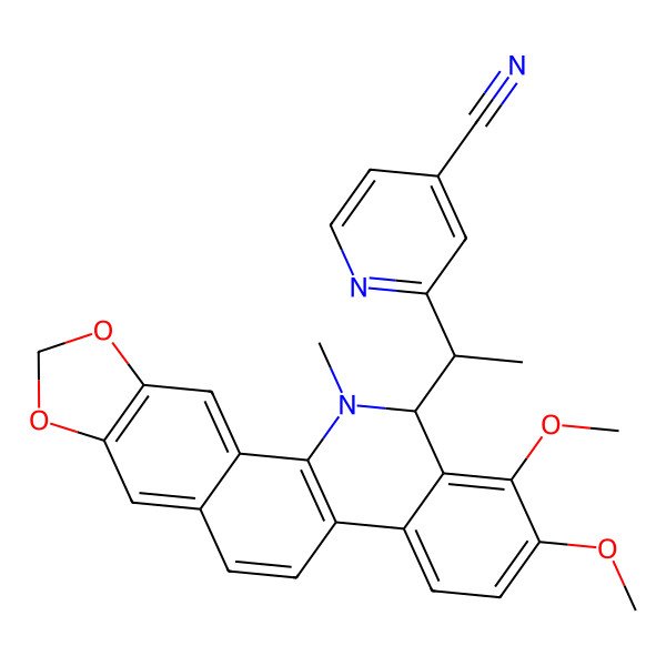 2D Structure of 4-Pyridinecarbonitrile, 2-(1-(12,13-dihydro-1,2-dimethoxy-12-methyl(1,3)benzodioxolo(5,6-c)phenanthridin-13-yl)ethyl)-, (R*,S*)- 2D Structure of 4-Pyridinecarbonitrile, 2-(1-(12,13-dihydro-1,2-dimethoxy-12-methyl(1,3)benzodioxolo(5,6-c)phenanthridin-13-yl)ethyl)-, (R*,S*)-
