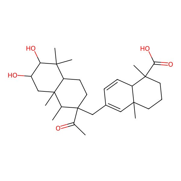 2D Structure of (1R,4aS,8aS)-6-[[(1R,2S,4aR,6R,7R,8aR)-2-acetyl-6,7-dihydroxy-1,5,5,8a-tetramethyl-3,4,4a,6,7,8-hexahydro-1H-naphthalen-2-yl]methyl]-1,4a-dimethyl-2,3,4,8a-tetrahydronaphthalene-1-carboxylic acid