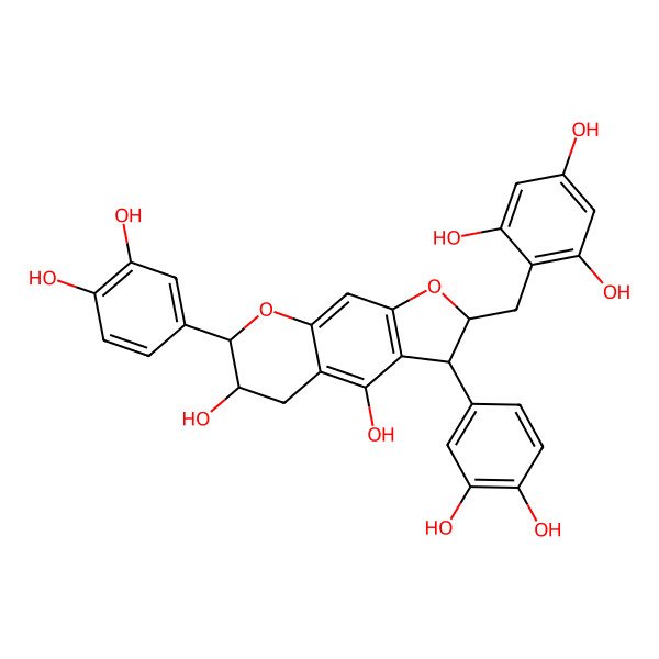2D Structure of 2-[[3,7-bis(3,4-dihydroxyphenyl)-4,6-dihydroxy-3,5,6,7-tetrahydro-2H-furo[3,2-g]chromen-2-yl]methyl]benzene-1,3,5-triol