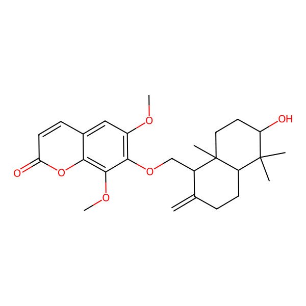 2D Structure of 7-[[(1R,4aR,6S,8aS)-6-hydroxy-5,5,8a-trimethyl-2-methylidene-3,4,4a,6,7,8-hexahydro-1H-naphthalen-1-yl]methoxy]-6,8-dimethoxychromen-2-one
