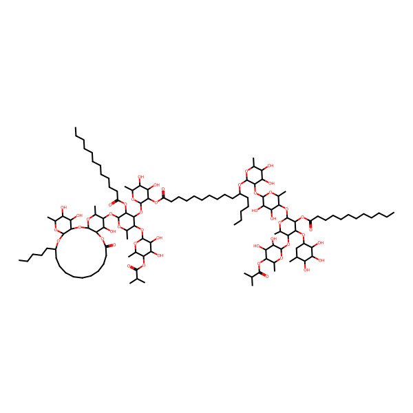 2D Structure of [(2S,3R,4R,5R,6S)-2-[(2S,3S,4R,5R,6S)-3-[(2S,3R,4S,5S,6S)-3,4-dihydroxy-6-methyl-5-(2-methylpropanoyloxy)oxan-2-yl]oxy-5-dodecanoyloxy-2-methyl-6-[[(1R,3S,5S,6R,7R,8R,20S,22R,24R,25R,26S)-7,25,26-trihydroxy-5,24-dimethyl-10-oxo-20-pentyl-2,4,9,21,23-pentaoxatricyclo[20.4.0.03,8]hexacosan-6-yl]oxy]oxan-4-yl]oxy-4,5-dihydroxy-6-methyloxan-3-yl] (11S)-11-[(2R,3R,4S,5R,6R)-3-[(2S,3R,4S,5R,6S)-5-[(2S,3R,4R,5S,6S)-5-[(2S,3R,4S,5R,6S)-3,4-dihydroxy-6-methyl-5-(2-methylpropanoyloxy)oxan-2-yl]oxy-3-dodecanoyloxy-6-methyl-4-[(1R,2R,3R,4S,5R)-2,3,4-trihydroxy-5-methylcyclohexyl]oxyoxan-2-yl]oxy-3,4-dihydroxy-6-methyloxan-2-yl]oxy-4,5-dihydroxy-6-methyloxan-2-yl]oxyhexadecanoate