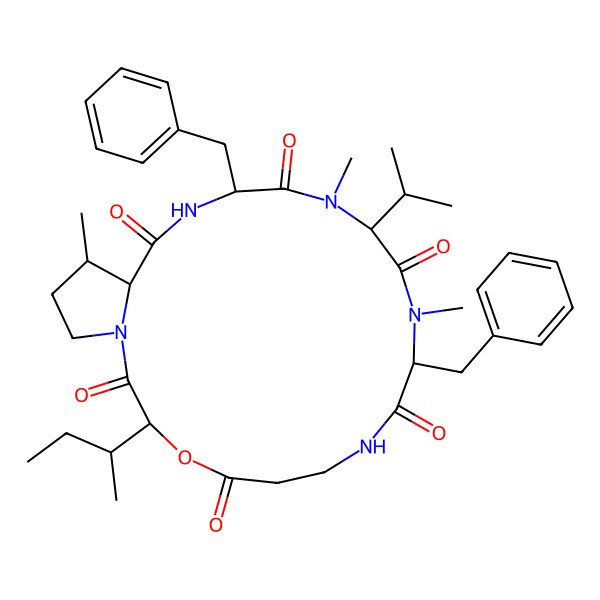2D Structure of (3S,10S,13S,16S,19S,20S)-10,16-dibenzyl-3-[(2R)-butan-2-yl]-11,14,20-trimethyl-13-propan-2-yl-4-oxa-1,8,11,14,17-pentazabicyclo[17.3.0]docosane-2,5,9,12,15,18-hexone