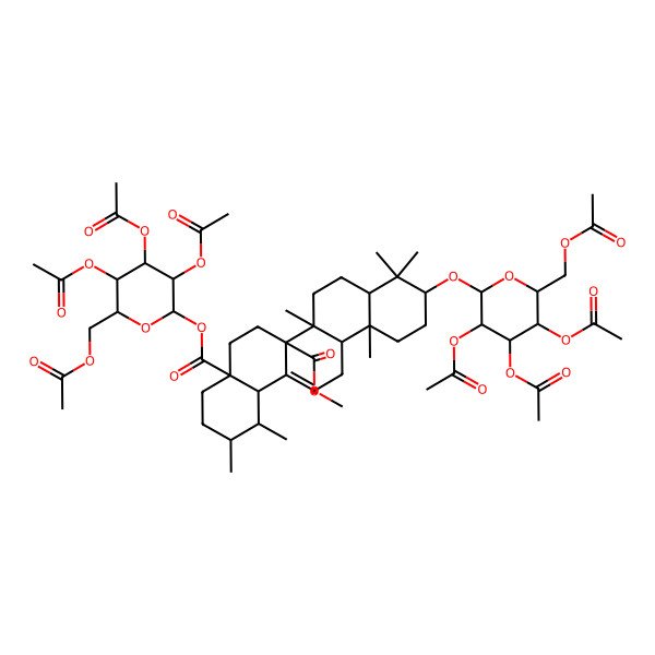 2D Structure of 6a-O-methyl 4a-O-[(2R,3R,4S,5R,6R)-3,4,5-triacetyloxy-6-(acetyloxymethyl)oxan-2-yl] (1S,2R,4aS,6aR,6aR,6bR,8aR,10S,12aR,14bS)-1,2,6b,9,9,12a-hexamethyl-10-[(2R,3R,4S,5R,6R)-3,4,5-triacetyloxy-6-(acetyloxymethyl)oxan-2-yl]oxy-2,3,4,5,6,6a,7,8,8a,10,11,12,13,14b-tetradecahydro-1H-picene-4a,6a-dicarboxylate