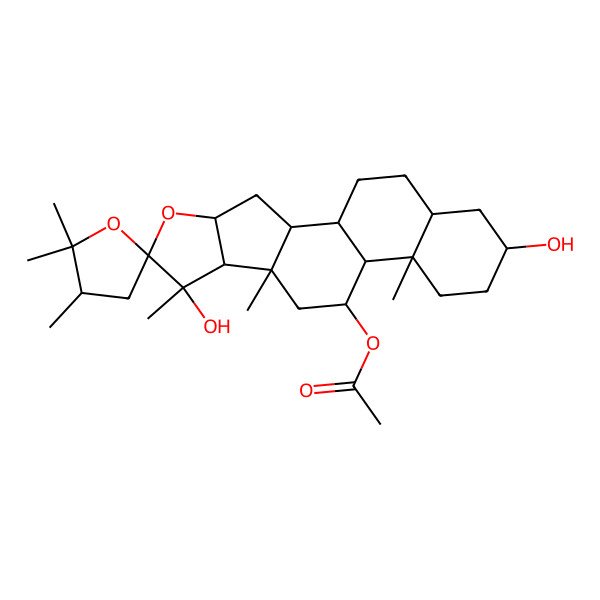 2D Structure of (7,16-Dihydroxy-2',2',3',7,9,13-hexamethylspiro[5-oxapentacyclo[10.8.0.02,9.04,8.013,18]icosane-6,5'-oxolane]-11-yl) acetate