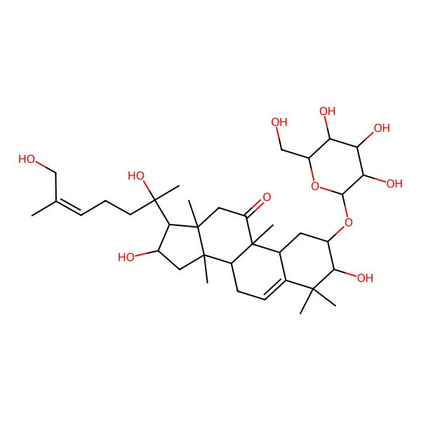 2D Structure of 17-(2,7-Dihydroxy-6-methylhept-5-en-2-yl)-3,16-dihydroxy-4,4,9,13,14-pentamethyl-2-[3,4,5-trihydroxy-6-(hydroxymethyl)oxan-2-yl]oxy-1,2,3,7,8,10,12,15,16,17-decahydrocyclopenta[a]phenanthren-11-one