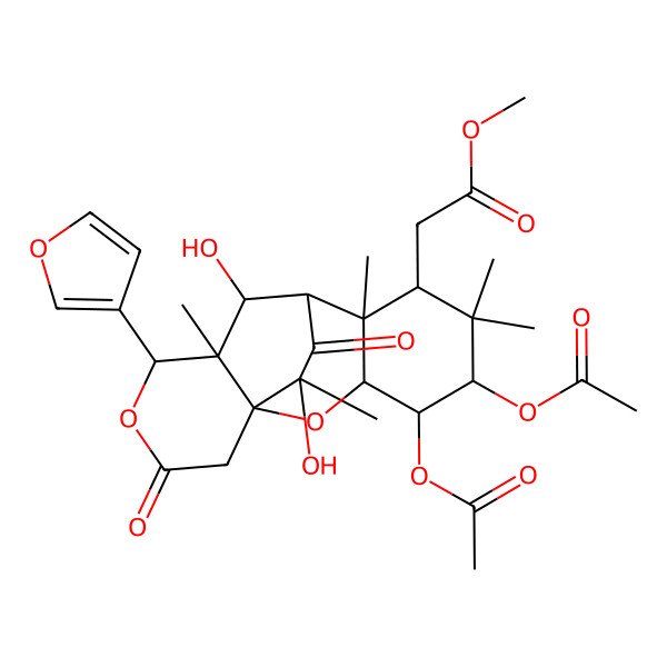 2D Structure of methyl 2-[(1R,3R,4R,5S,7S,8S,9S,10S,11S,12S,16R)-4,5-diacetyloxy-12-(furan-3-yl)-10,16-dihydroxy-6,6,8,11,16-pentamethyl-14,17-dioxo-2,13-dioxatetracyclo[7.6.2.01,11.03,8]heptadecan-7-yl]acetate
