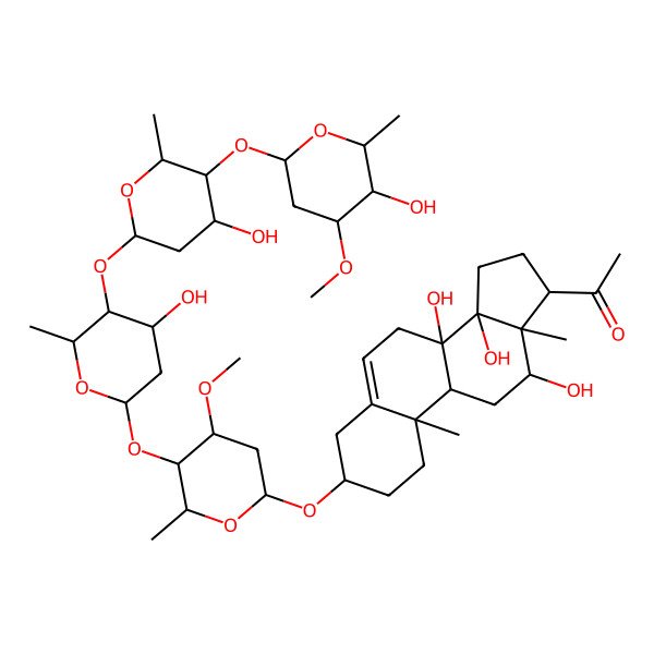 2D Structure of 1-[(3S,8S,9R,10R,12R,13S,14R,17S)-8,12,14-trihydroxy-3-[(2R,4S,5R,6R)-5-[(2S,4S,5S,6R)-4-hydroxy-5-[(2S,4S,5S,6R)-4-hydroxy-5-[(2S,4R,5R,6R)-5-hydroxy-4-methoxy-6-methyloxan-2-yl]oxy-6-methyloxan-2-yl]oxy-6-methyloxan-2-yl]oxy-4-methoxy-6-methyloxan-2-yl]oxy-10,13-dimethyl-2,3,4,7,9,11,12,15,16,17-decahydro-1H-cyclopenta[a]phenanthren-17-yl]ethanone