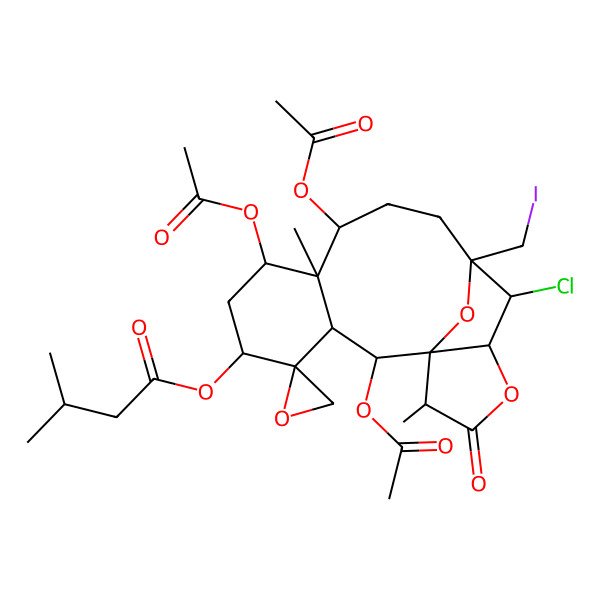 2D Structure of [(1S,2R,3R,4S,5S,7R,8R,9R,12R,13S,14S,17S)-2,7,9-triacetyloxy-13-chloro-12-(iodomethyl)-8,17-dimethyl-16-oxospiro[15,18-dioxatetracyclo[10.5.1.01,14.03,8]octadecane-4,2'-oxirane]-5-yl] 3-methylbutanoate