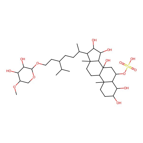 2D Structure of [(3S,4R,5R,6S,8S,9R,10S,13R,14S,15S,16R,17R)-17-[(1R,4R)-4-[2-[(2R,3R,4R,5R)-3,4-dihydroxy-5-methoxy-tetrahydropyran-2-yl]oxyethyl]-1,5-dimethyl-hexyl]-3,4,8,15,16-pentahydroxy-10,13-dimethyl-1,2,3,4,5,6,7,9,11,12,14,15,16,17-tetradecahydrocyclopenta[a]phenanthren-6-yl] hydrogen sulfate