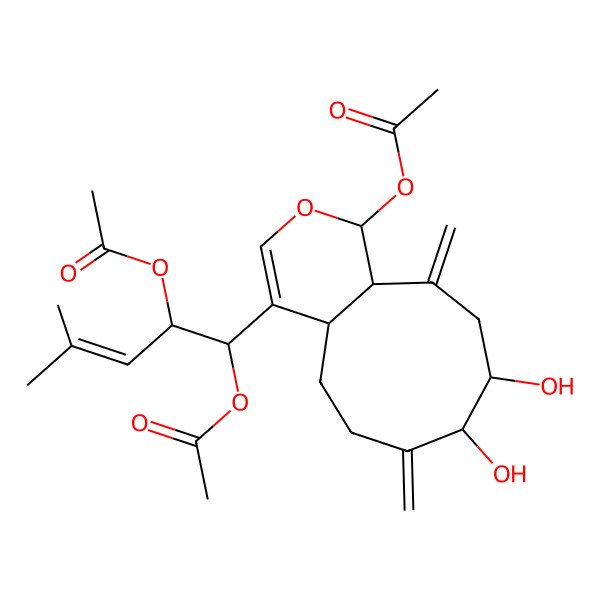2D Structure of [(1S,4aR,8R,9S,11aS)-4-[(1S,2R)-1,2-diacetyloxy-4-methylpent-3-enyl]-8,9-dihydroxy-7,11-dimethylidene-1,4a,5,6,8,9,10,11a-octahydrocyclonona[c]pyran-1-yl] acetate