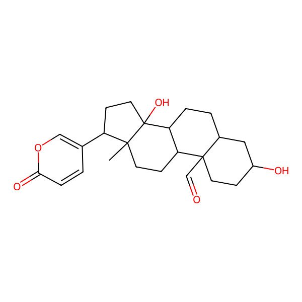 2D Structure of 3,14-Dihydroxy-13-methyl-17-(6-oxopyran-3-yl)-1,2,3,4,5,6,7,8,9,11,12,15,16,17-tetradecahydrocyclopenta[a]phenanthrene-10-carbaldehyde
