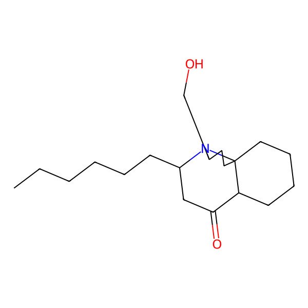2D Structure of (3R,5S,7aR,11aR)-5-hexyl-3-(hydroxymethyl)-1,2,3,5,6,7a,8,9,10,11-decahydropyrrolo[2,1-j]quinolin-7-one