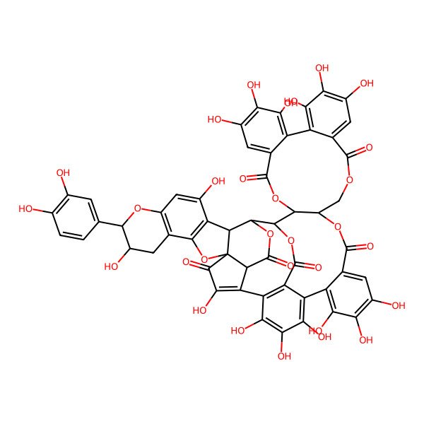 2D Structure of 43-(3,4-Dihydroxyphenyl)-7,8,9,12,13,14,25,26,27,30,31,32,35,42,47-pentadecahydroxy-3,18,21,38,44,51,54-heptaoxadodecacyclo[27.21.3.334,50.02,20.05,10.011,16.023,28.033,53.037,49.039,48.040,45.037,56]hexapentaconta-5,7,9,11,13,15,23,25,27,29(53),30,32,34,39(48),40(45),46-hexadecaene-4,17,22,36,52,55-hexone