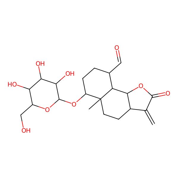 2D Structure of 5a-methyl-3-methylidene-2-oxo-6-[3,4,5-trihydroxy-6-(hydroxymethyl)oxan-2-yl]oxy-4,5,6,7,8,9,9a,9b-octahydro-3aH-benzo[g][1]benzofuran-9-carbaldehyde