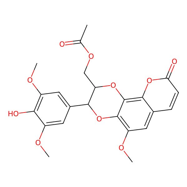 2D Structure of [(2R,3R)-3-(4-hydroxy-3,5-dimethoxyphenyl)-5-methoxy-9-oxo-2,3-dihydropyrano[3,2-h][1,4]benzodioxin-2-yl]methyl acetate
