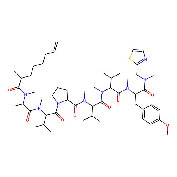 2D Structure of N-[1-[[1-[[3-(4-methoxyphenyl)-1-[methyl(1,3-thiazol-2-ylmethyl)amino]-1-oxopropan-2-yl]-methylamino]-3-methyl-1-oxobutan-2-yl]-methylamino]-3-methyl-1-oxobutan-2-yl]-N-methyl-1-[3-methyl-2-[methyl-[2-[methyl(2-methyloct-7-enoyl)amino]propanoyl]amino]butanoyl]pyrrolidine-2-carboxamide