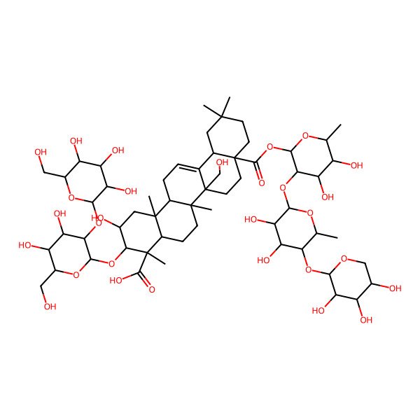 2D Structure of 3-[4,5-Dihydroxy-6-(hydroxymethyl)-3-[3,4,5-trihydroxy-6-(hydroxymethyl)oxan-2-yl]oxyoxan-2-yl]oxy-8a-[3-[3,4-dihydroxy-6-methyl-5-(3,4,5-trihydroxyoxan-2-yl)oxyoxan-2-yl]oxy-4,5-dihydroxy-6-methyloxan-2-yl]oxycarbonyl-2-hydroxy-6b-(hydroxymethyl)-4,6a,11,11,14b-pentamethyl-1,2,3,4a,5,6,7,8,9,10,12,12a,14,14a-tetradecahydropicene-4-carboxylic acid
