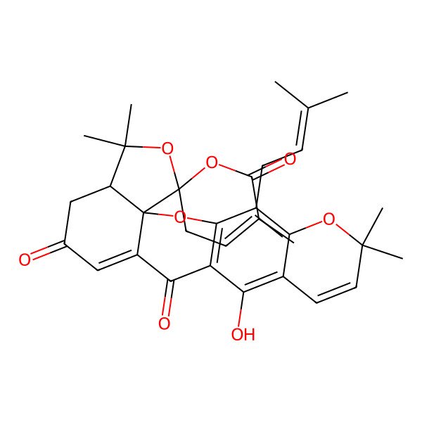 2D Structure of (3R,4R,7R)-14-hydroxy-5',6,6,18,18-pentamethyl-21-(3-methylbut-2-enyl)spiro[2,5,19-trioxapentacyclo[11.8.0.03,7.03,11.015,20]henicosa-1(13),10,14,16,20-pentaene-4,2'-3H-pyran]-6',9,12-trione