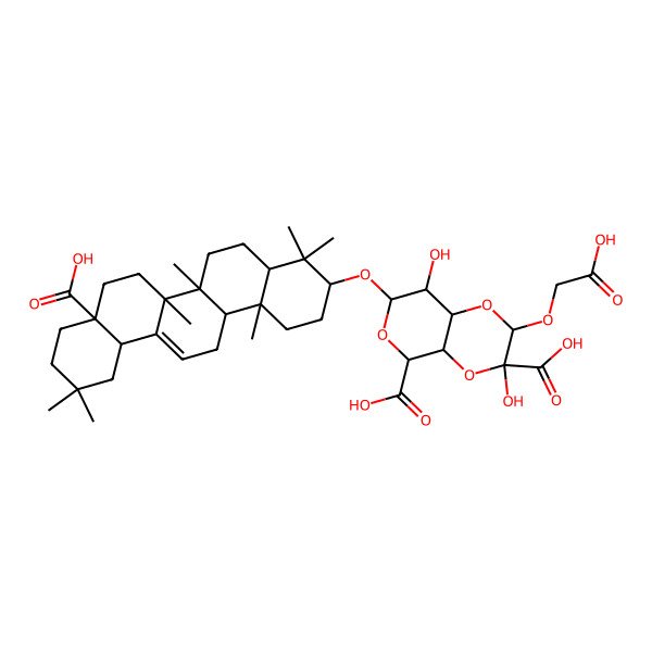 2D Structure of (2S,3R,4aS,5S,7R,8R,8aR)-7-[[(3S,4aR,6aR,6bS,8aS,12aS,14aR,14bR)-8a-carboxy-4,4,6a,6b,11,11,14b-heptamethyl-1,2,3,4a,5,6,7,8,9,10,12,12a,14,14a-tetradecahydropicen-3-yl]oxy]-2-(carboxymethoxy)-3,8-dihydroxy-2,4a,5,7,8,8a-hexahydropyrano[3,4-b][1,4]dioxine-3,5-dicarboxylic acid