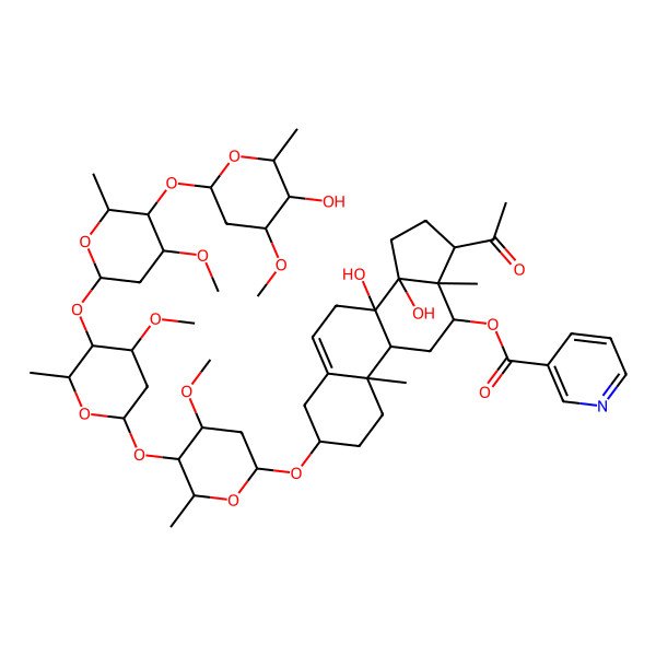 2D Structure of [(3S,8S,9R,10R,12R,13S,14R,17R)-17-acetyl-8,14-dihydroxy-3-[(2R,4S,5R,6R)-5-[(2S,4S,5R,6R)-5-[(2S,4R,5R,6R)-5-[(2S,4R,5R,6R)-5-hydroxy-4-methoxy-6-methyloxan-2-yl]oxy-4-methoxy-6-methyloxan-2-yl]oxy-4-methoxy-6-methyloxan-2-yl]oxy-4-methoxy-6-methyloxan-2-yl]oxy-10,13-dimethyl-2,3,4,7,9,11,12,15,16,17-decahydro-1H-cyclopenta[a]phenanthren-12-yl] pyridine-3-carboxylate
