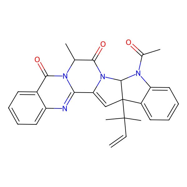 2D Structure of 16-Acetyl-12-methyl-23-(2-methylbut-3-en-2-yl)-3,11,14,16-tetrazahexacyclo[12.10.0.02,11.04,9.015,23.017,22]tetracosa-1(24),2,4,6,8,17,19,21-octaene-10,13-dione