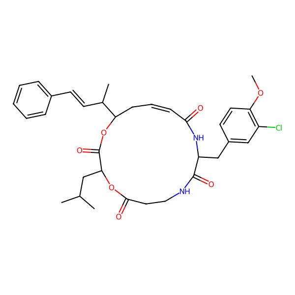 2D Structure of 10-[(3-Chloro-4-methoxyphenyl)methyl]-3-(2-methylpropyl)-16-(4-phenylbut-3-en-2-yl)-1,4-dioxa-8,11-diazacyclohexadec-13-ene-2,5,9,12-tetrone