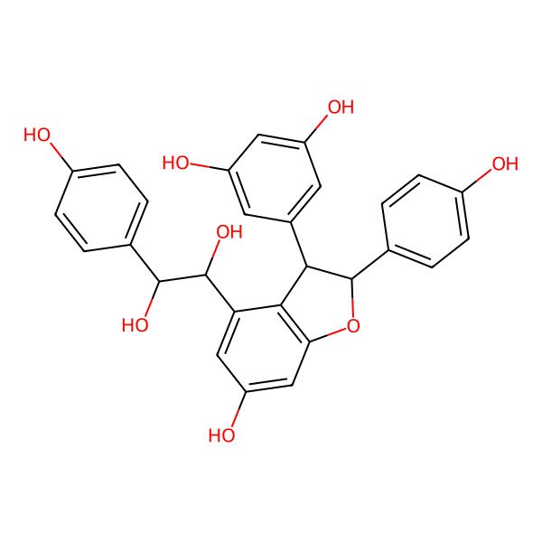 2D Structure of 5-[(2S,3S)-4-[(1S,2S)-1,2-dihydroxy-2-(4-hydroxyphenyl)ethyl]-6-hydroxy-2-(4-hydroxyphenyl)-2,3-dihydro-1-benzofuran-3-yl]benzene-1,3-diol