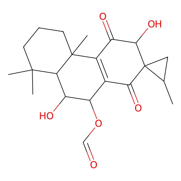 2D Structure of (6,10-dihydroxy-1,1,2',4a-tetramethyl-5,8-dioxospiro[3,4,6,9,10,10a-hexahydro-2H-phenanthrene-7,1'-cyclopropane]-9-yl) formate