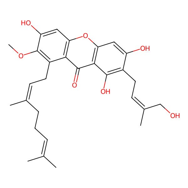 2D Structure of 1-[(2E)-3,7-dimethylocta-2,6-dienyl]-3,6,8-trihydroxy-7-[(E)-4-hydroxy-3-methylbut-2-enyl]-2-methoxyxanthen-9-one