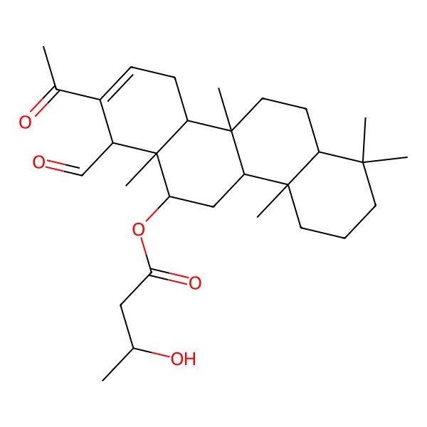 2D Structure of (8-Acetyl-7-formyl-1,1,4a,6a,10b-pentamethyl-2,3,4,4b,5,6,7,10,10a,11,12,12a-dodecahydrochrysen-6-yl) 3-hydroxybutanoate