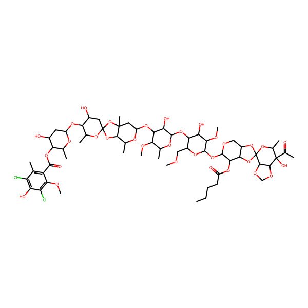 2D Structure of [6-[6-[2-[6-(7'-acetyl-7'-hydroxy-6'-methyl-7-pentanoyloxyspiro[4,6,7,7a-tetrahydro-3aH-[1,3]dioxolo[4,5-c]pyran-2,4'-6,7a-dihydro-3aH-[1,3]dioxolo[4,5-c]pyran]-6-yl)oxy-4-hydroxy-5-methoxy-2-(methoxymethyl)oxan-3-yl]oxy-3-hydroxy-5-methoxy-6-methyloxan-4-yl]oxy-4'-hydroxy-2',4,7a-trimethylspiro[3a,4,6,7-tetrahydro-[1,3]dioxolo[4,5-c]pyran-2,6'-oxane]-3'-yl]oxy-4-hydroxy-2-methyloxan-3-yl] 3,5-dichloro-4-hydroxy-2-methoxy-6-methylbenzoate