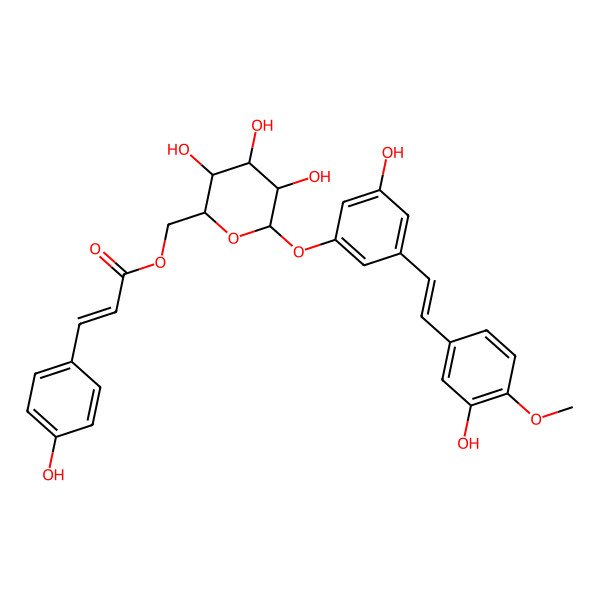 2D Structure of [(2R,3S,4S,5R,6S)-3,4,5-trihydroxy-6-[3-hydroxy-5-[(E)-2-(3-hydroxy-4-methoxyphenyl)ethenyl]phenoxy]oxan-2-yl]methyl (E)-3-(4-hydroxyphenyl)prop-2-enoate