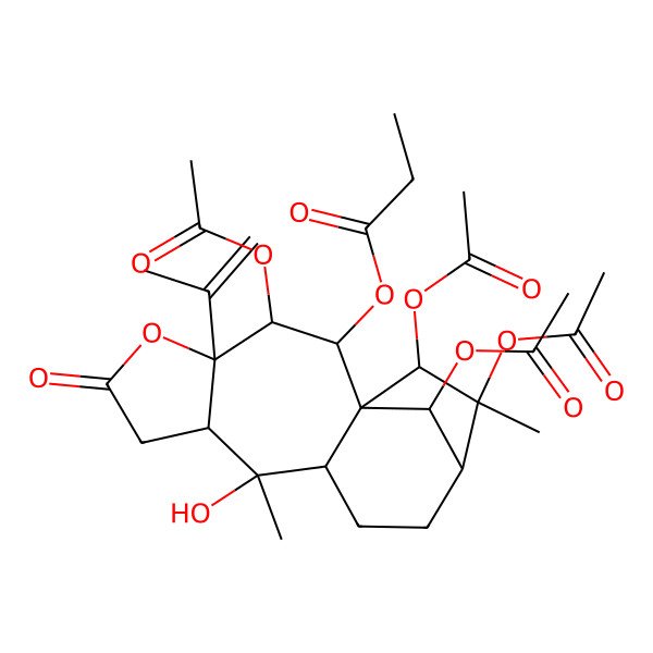 2D Structure of [(1S,2S,3R,4R,8S,9R,10R,13R,14S,15R,16R)-3,14,15,16-tetraacetyloxy-9-hydroxy-9,14-dimethyl-6-oxo-4-prop-1-en-2-yl-5-oxatetracyclo[11.2.1.01,10.04,8]hexadecan-2-yl] propanoate