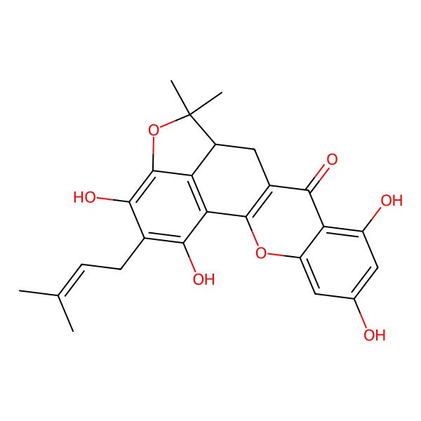 2D Structure of (13S)-6,8,17,19-tetrahydroxy-14,14-dimethyl-18-(3-methylbut-2-enyl)-3,15-dioxapentacyclo[11.6.1.02,11.04,9.016,20]icosa-1(20),2(11),4,6,8,16,18-heptaen-10-one