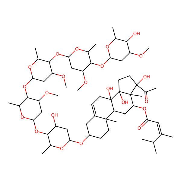 2D Structure of [17-Acetyl-8,14,17-trihydroxy-3-[4-hydroxy-5-[5-[5-[5-(5-hydroxy-4-methoxy-6-methyloxan-2-yl)oxy-4-methoxy-6-methyloxan-2-yl]oxy-4-methoxy-6-methyloxan-2-yl]oxy-4-methoxy-6-methyloxan-2-yl]oxy-6-methyloxan-2-yl]oxy-10,13-dimethyl-1,2,3,4,7,9,11,12,15,16-decahydrocyclopenta[a]phenanthren-12-yl] 3,4-dimethylpent-2-enoate