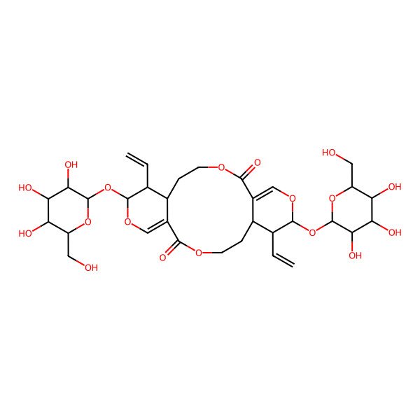 2D Structure of 7,17-Bis(ethenyl)-8,18-bis[[3,4,5-trihydroxy-6-(hydroxymethyl)oxan-2-yl]oxy]-3,9,13,19-tetraoxatricyclo[14.4.0.06,11]icosa-1(20),10-diene-2,12-dione