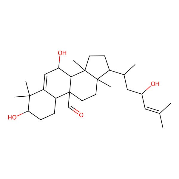 2D Structure of (3S,7S,8S,9R,10S,13R,14S,17R)-3,7-dihydroxy-17-[(2R,4R)-4-hydroxy-6-methylhept-5-en-2-yl]-4,4,13,14-tetramethyl-2,3,7,8,10,11,12,15,16,17-decahydro-1H-cyclopenta[a]phenanthrene-9-carbaldehyde