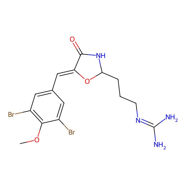 2D Structure of 2-[3-[(2S,5Z)-5-[(3,5-dibromo-4-methoxyphenyl)methylidene]-4-oxo-1,3-oxazolidin-2-yl]propyl]guanidine