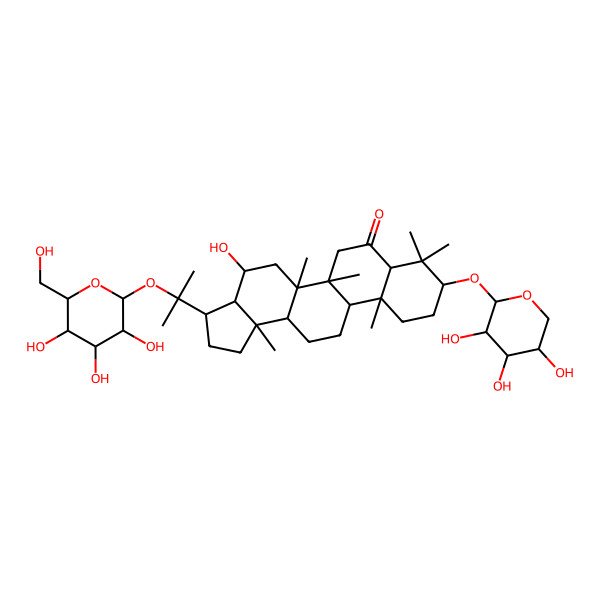 2D Structure of (3R,3aS,4S,5aR,5bR,7aR,9S,11aR,11bR,13aR,13bR)-4-hydroxy-5a,5b,8,8,11a,13b-hexamethyl-3-[2-[(2S,3R,4S,5S,6R)-3,4,5-trihydroxy-6-(hydroxymethyl)oxan-2-yl]oxypropan-2-yl]-9-[(2S,3R,4S,5R)-3,4,5-trihydroxyoxan-2-yl]oxy-2,3,3a,4,5,6,7a,9,10,11,11b,12,13,13a-tetradecahydro-1H-cyclopenta[a]chrysen-7-one