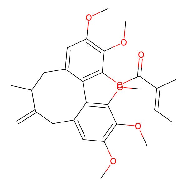2D Structure of (4,5,14,15,16-Pentamethoxy-9-methyl-10-methylidene-3-tricyclo[10.4.0.02,7]hexadeca-1(16),2,4,6,12,14-hexaenyl) 2-methylbut-2-enoate