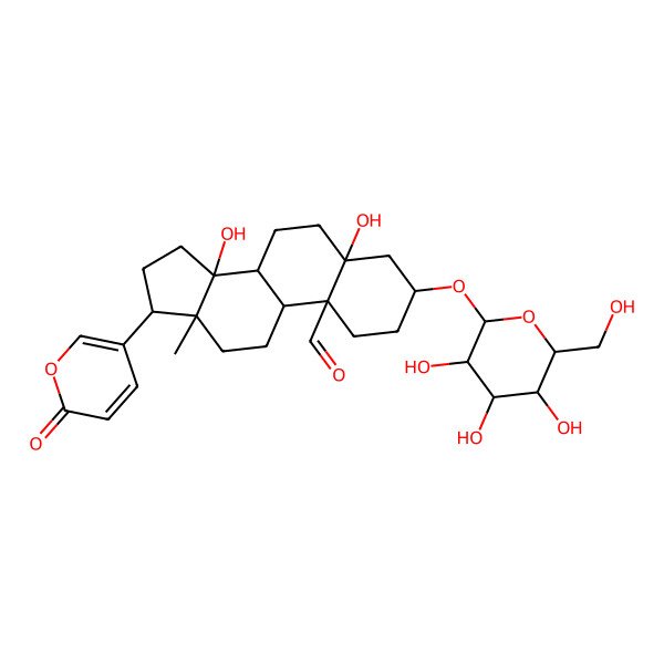 2D Structure of 5,14-dihydroxy-13-methyl-17-(6-oxopyran-3-yl)-3-[3,4,5-trihydroxy-6-(hydroxymethyl)oxan-2-yl]oxy-2,3,4,6,7,8,9,11,12,15,16,17-dodecahydro-1H-cyclopenta[a]phenanthrene-10-carbaldehyde