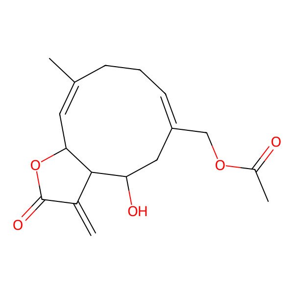 2D Structure of (4-Hydroxy-10-methyl-3-methylidene-2-oxo-3a,4,5,8,9,11a-hexahydrocyclodeca[b]furan-6-yl)methyl acetate