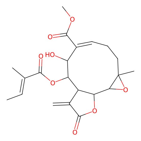 2D Structure of methyl (1S,2R,4R,7E,9S,10S,11R)-9-hydroxy-4-methyl-10-[(Z)-2-methylbut-2-enoyl]oxy-12-methylidene-13-oxo-3,14-dioxatricyclo[9.3.0.02,4]tetradec-7-ene-8-carboxylate